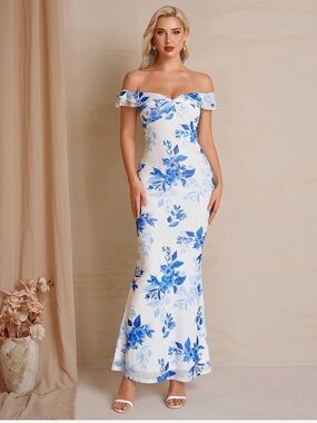 Off-Shoulder Blue Floral Maxi Dress -